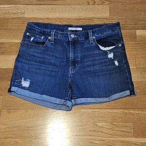 Levi's Dark Blue Distressed Rolled-Hem Denim Shorts
